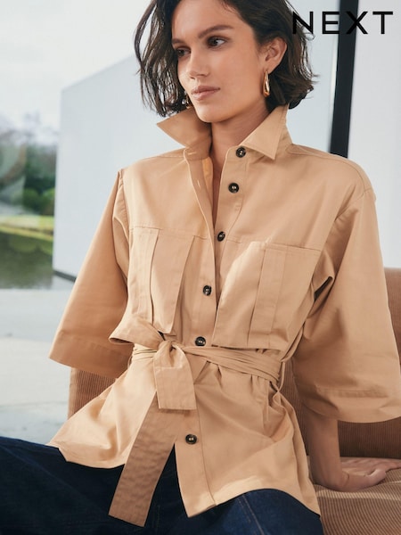 Tan/Brown 3/4 Sleeve Utility Tie Belt Shirt (N60411) | €15