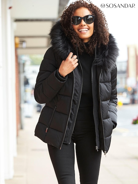 Sosandar Black Faux Fur Trim Luxe Padded Coat (N60509) | ₪523