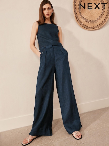 Navy Blue 100% Linen Button Wide Leg Trousers (N61085) | €27