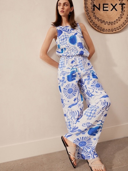 Blue/White Premium 100% Linen Wide Leg Trousers (N61087) | €14