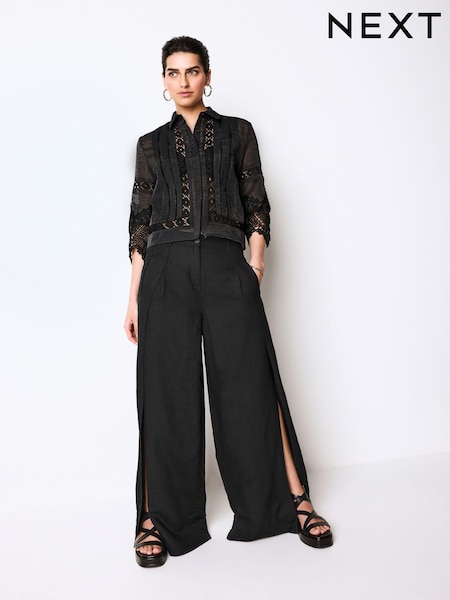Black Linen Blend Wrap Wide Trousers (N61090) | €4