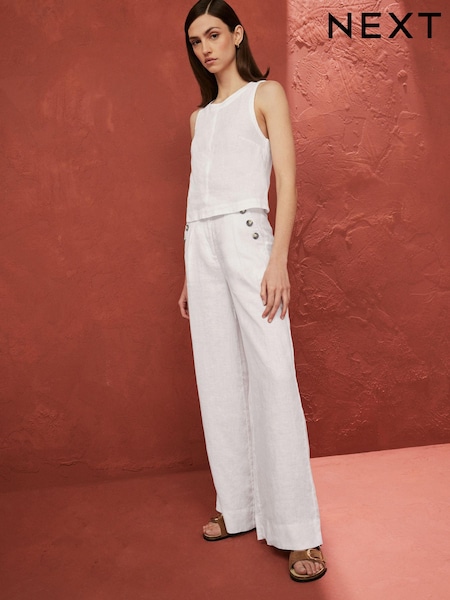 Weiß - 100% Linen Button Wide Leg Trousers (N61091) | 14 €