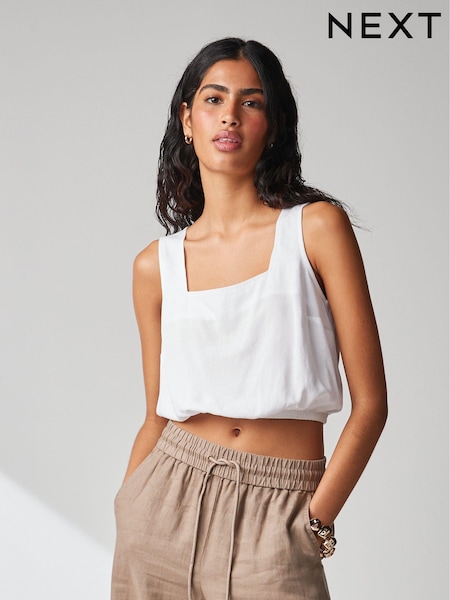 White Summer Square Neck Top with Linen (N61104) | 13 QAR
