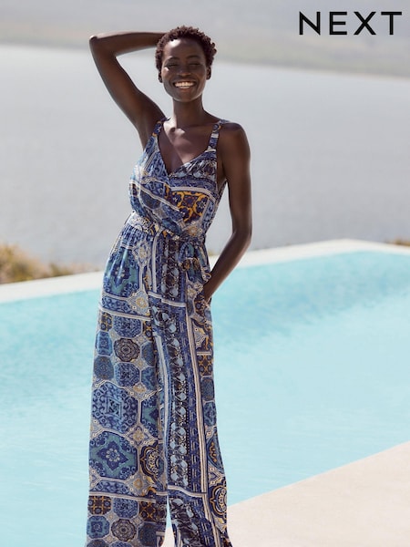 Голубой геометрический принт - V-Neck Belted Summer Wide Leg Jumpsuit (N61106) | €10