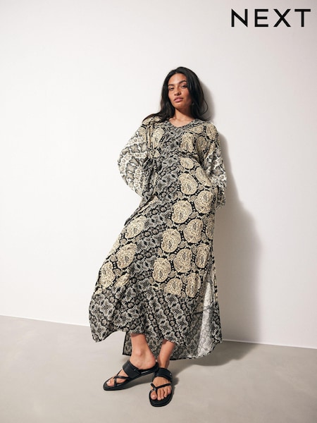 Черный/кремовый - Summer Maxi Kaftan Dress With Linen (N61110) | €12
