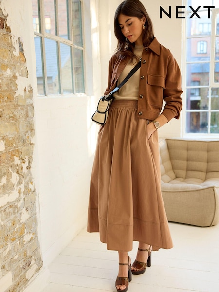 Stone Poplin Midi Shirred Waist Skirt (N61125) | €14