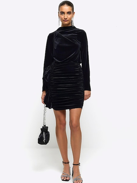 River Island Black Velvet Ruched Jersey Mini Dress (N61769) | €38
