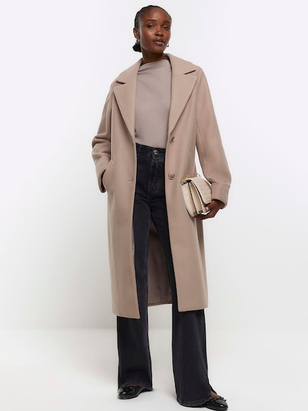 River Island Brown Wool Blend Roll Sleeve Long Line Coat (N61796) | €51
