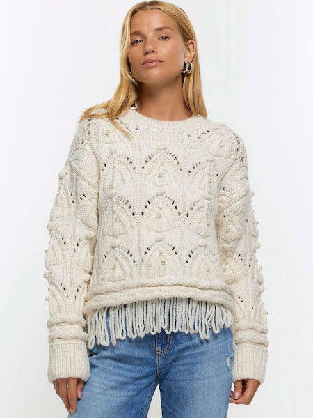 River Island Cream Pearl Cable Fringe Jumper (N61836) | €31