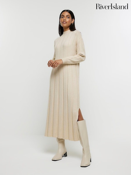 Bej - Rochie maxi tricotată cu guler înalt River Island (N61889) | 178 LEI