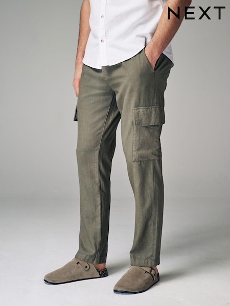 Khaki - Spodnie bojówki z lnu i bawełny z troczkami w pasie (N61912) | 34 zł