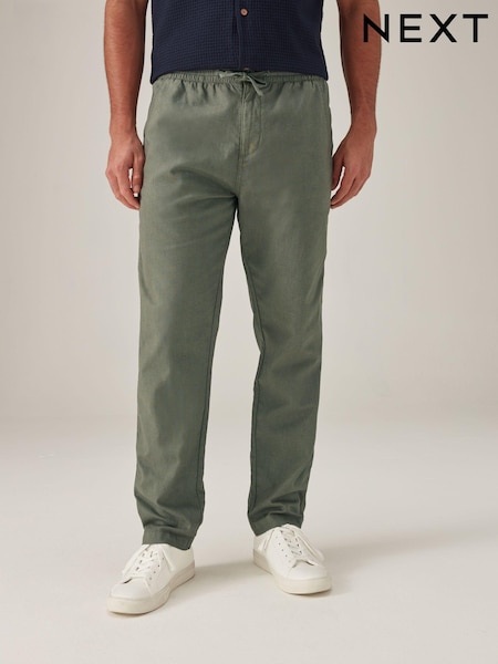Khaki Green Linen Cotton Elasticated Drawstring Trousers (N61937) | €6