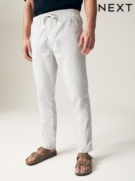 Light Grey Slim Fit Linen Cotton Elasticated Drawstring Trousers (N61957) | €13