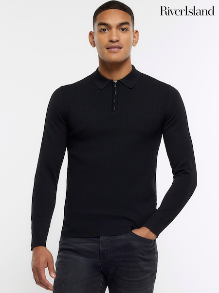 Negru - Pulover polo cu torsade River Island Muscle Fit (N62036) | 166 LEI