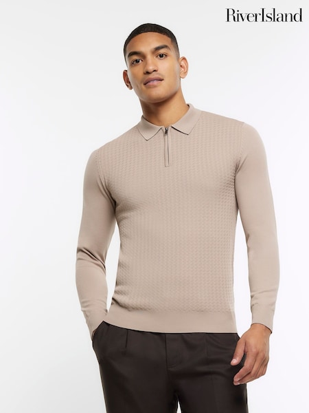 Natural - Pulover polo cu torsade River Island Muscle Fit (N62037) | 166 LEI