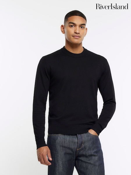 River Island Black 100% Cotton Knitted Crew Neck Jumper (N62038) | AED73