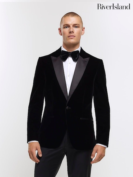 River Island Black Velvet Peak Tuxedo Jacket (N62076) | €53