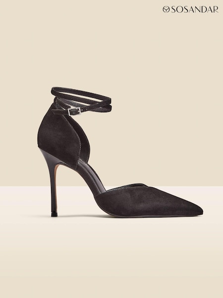 Sosandar Black Leather Ankle Strap Flared Heel Court Shoes (N62330) | 220 QAR