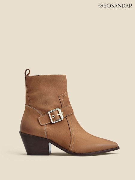 Sosandar Brown Leather Buckle Detail Western Ankle Boots (N62341) | $208