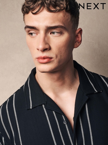 Black Cuban Collar Textured Jersey Short Sleeve Shirt (N62371) | €34