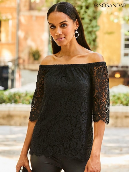 Sosandar Black Luxe Lace Bardot Blouse (N62448) | €37