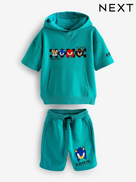 Turquoise Blue Sonic Licensed 100% Cotton Short Sleeve Hoodie and Shorts Set (3-16yrs) (N62549) | €16 - €22