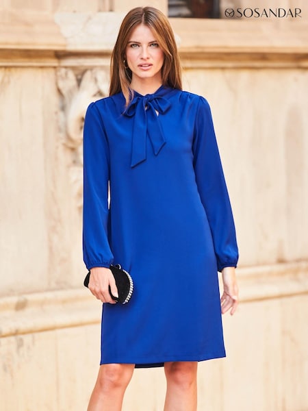 Sosandar Blue Pussybow Neck Shift Dress (N62721) | AED218