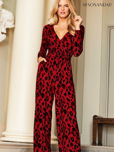 Sosandar Red Wrap Front Wide Leg Jumpsuit With Pockets (N62800) | €112