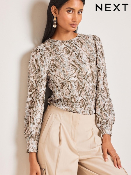 Schlangen-Print - Long Sleeve Textured Crew Neck Cuff Blouse (N62965) | 8 €