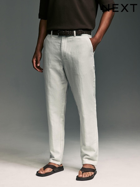 Grey Light Regular Fit Smart Linen Cotton Blend Belted Trousers (N63218) | R$ 385