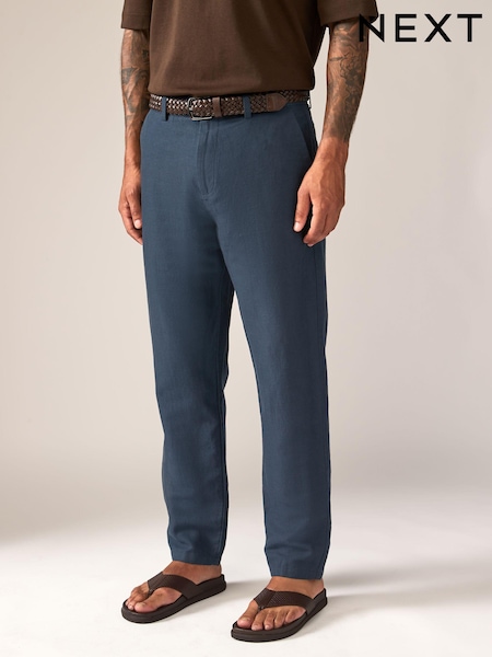 Navy Blue Regular Fit Smart Linen Cotton Blend Belted Trousers (N63219) | AED175