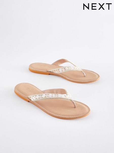 Cream Standard/Wide Fit Forever Comfort® Leather Embellished Toe Thong Sandals (N63402) | €5
