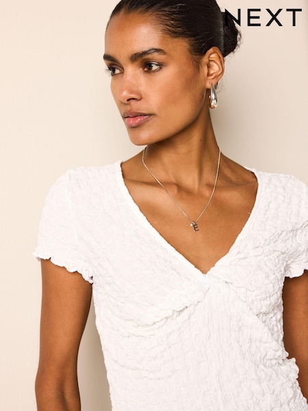 White Textured Twist Front Short Sleeve Top (N63905) | AED36