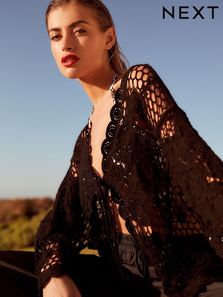 Black Long Sleeve Crochet Cardigan (N63932) | AED48