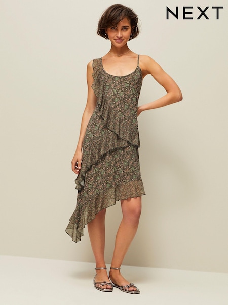 Зеленый с цветочным узором - Ruffle Asymmetric Mesh Mini Cami Dress (N63938) | €10