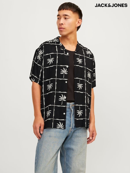 JACK & JONES Black Palm Print Resort Summer Short Sleeve Shirt (N63953) | €15.50