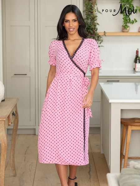 Pour Moi Pink Laney Lace Trim Woven Wrap Midi Dress (N63958) | €70