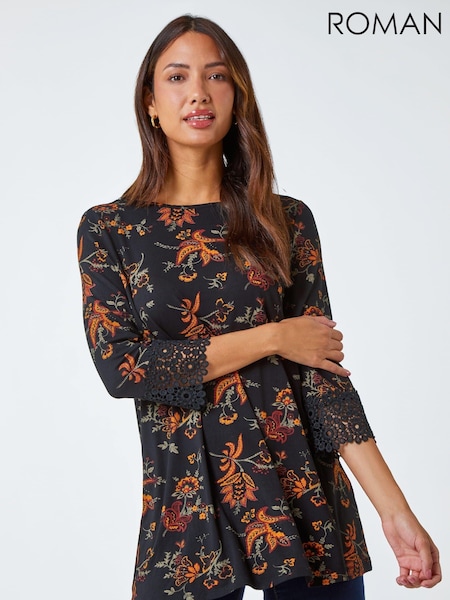Roman Black Paisley Lace Trim Stretch Top (N64091) | €27