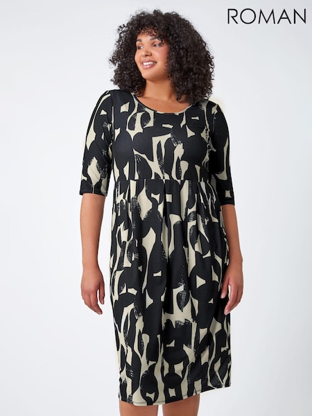 Roman Black Curve Abstract Relaxed Pocket Dress (N64109) | €26