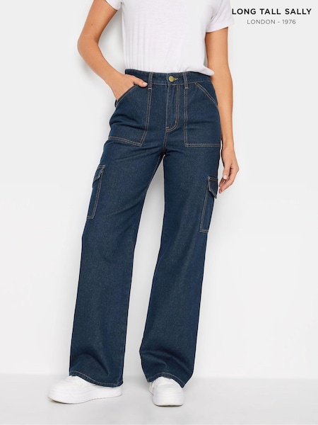 Long Tall Sally Dark Blue Wide Leg 100% Cotton Cargo Jeans (N64180) | AED113