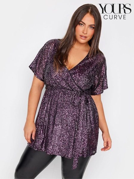Yours Curve Purple London Sequin Wrap Top (N64213) | €16.50