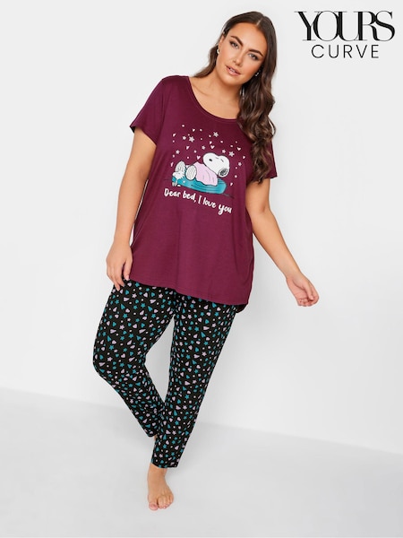 Yours Curve Red 100% Cotton Bed I Love You Snoopy Tapered Pyjamas Set (N64229) | €45