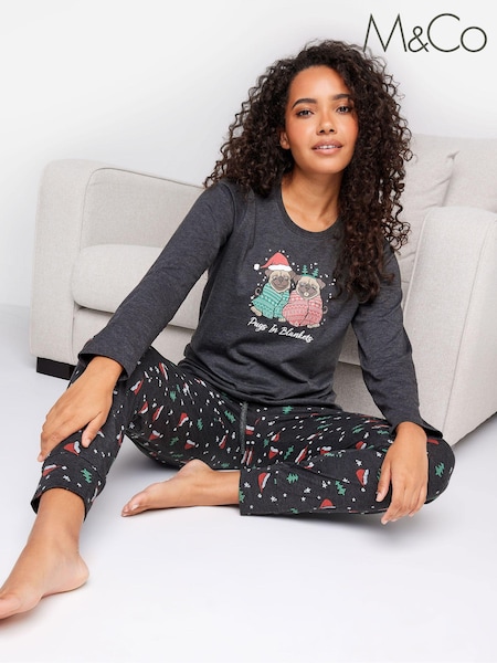 M&Co Grey Pugs In Blankets Long Sleeve Cuffed Pyjama Set (N64308) | €8