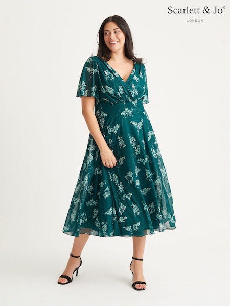 Scarlett & Jo Bottle Green Victoria Angel Sleeve Mesh Midi Dress (N64376) | € 133