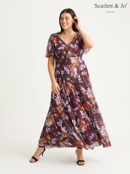 Scarlett & Jo Burgundy Red Multi Floral Isabelle Angel Sleeve Maxi Dress (N64381) | AED276