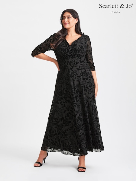 Scarlett & Jo Black Verity Flock Maxi Gown (N64385) | AED641