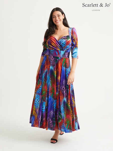 Scarlett & Jo Blue & Red Multi Peacock Print Elizabeth Velvet Maxi Gown (N64387) | €178