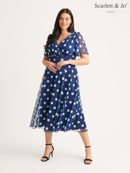 Scarlett & Jo Navy Blue Polka Dot Victoria Spot Angel Sleeve Mesh Midi Long Dress (N64390) | 421 QAR