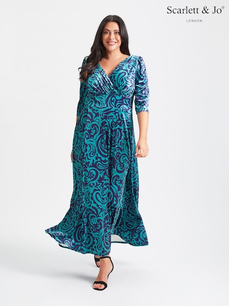 Scarlett & Jo Teal Blue Print Verity Pucci Velvet Maxi Gown (N64398) | €171