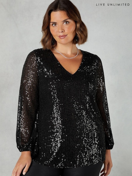 Live Unlimited Curve - Sequin V-Neck Black Blouse (N64502) | €28